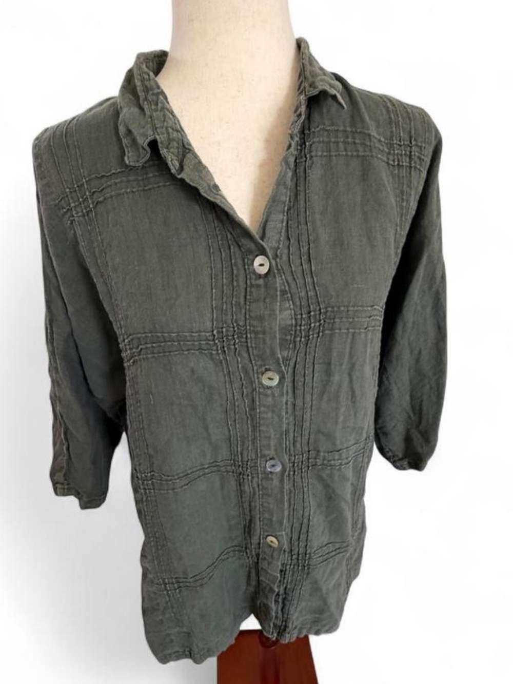 Italian 100% Linen Lagenlook Army Green Boho Button Up Top Large Cottage Artsy